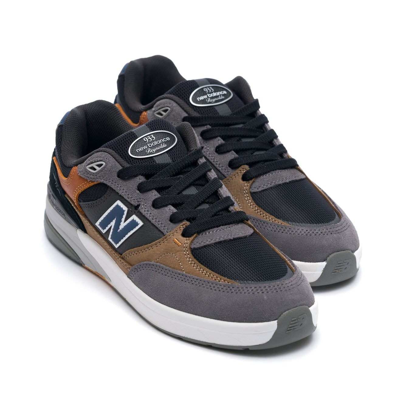 grey, black and brown new balance numeric 933 andrew reynolds men's skateboard shoe with white and grey sole