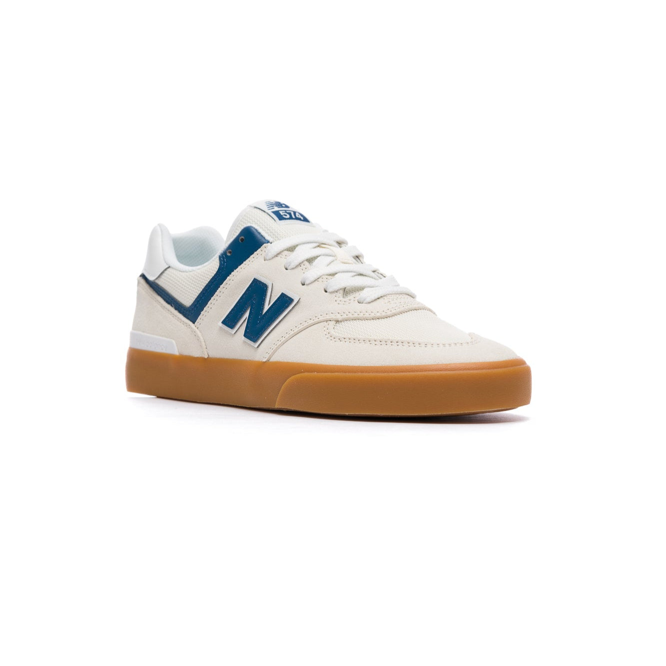 White new balance numeric 574 skateboard sneaker with blue accents on a white background and gum sole