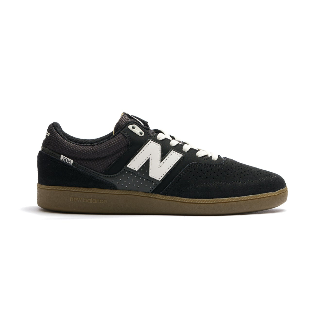 black suede new balance 508 brandon westgate with white N logo and gum sole