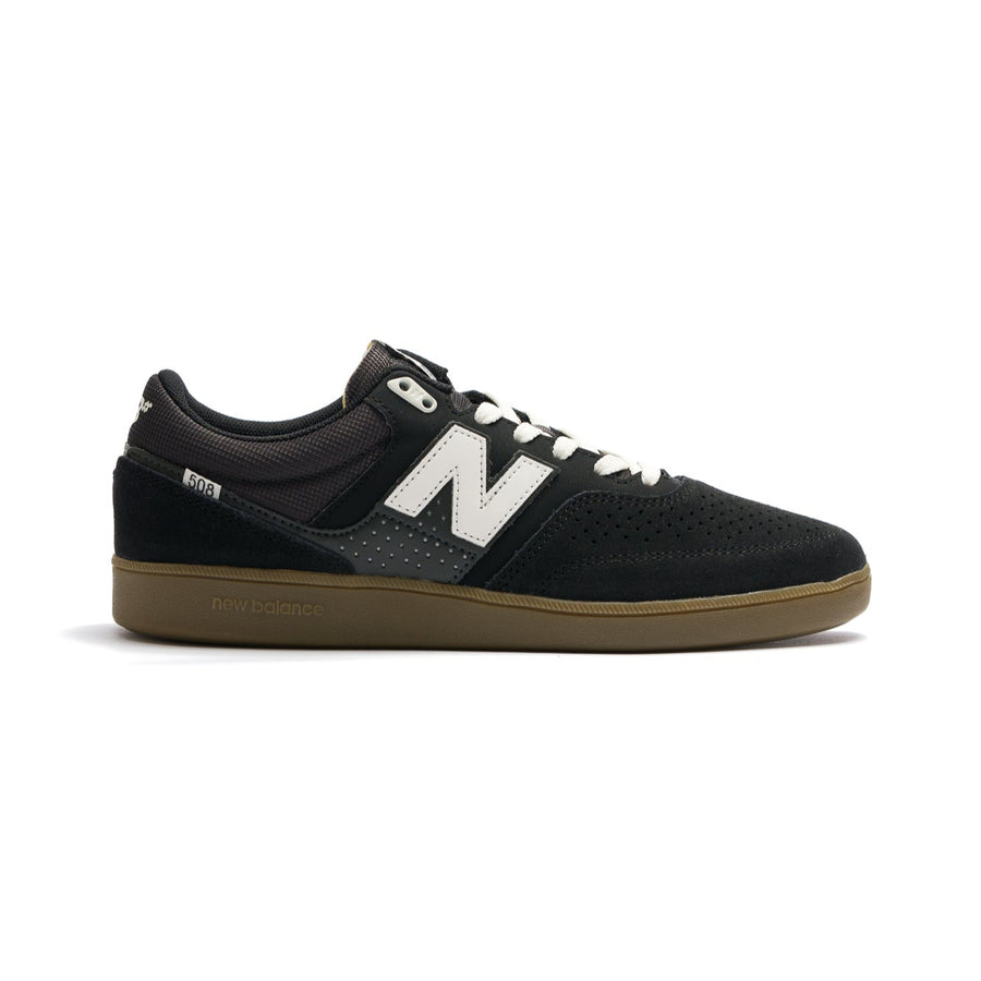 black suede new balance 508 brandon westgate with white N logo and gum sole