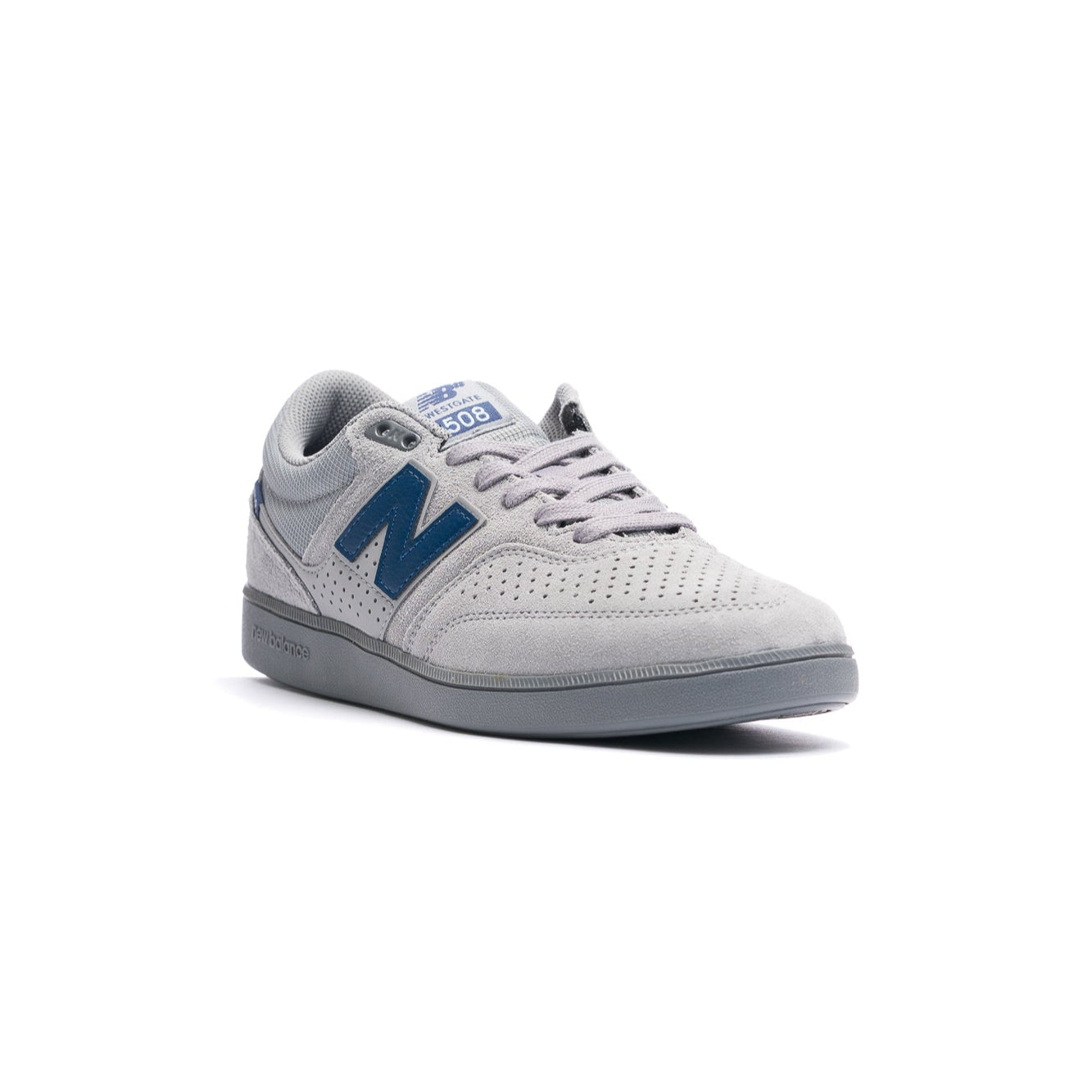 Gray new balance numeric 508 skatebard sneaker with blue accents on a white background
