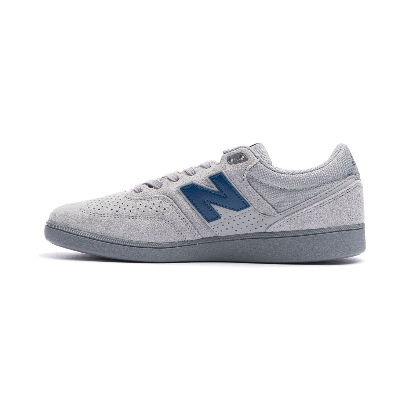 Gray new balance numeric 508 skatebard sneaker with blue accents on a white background