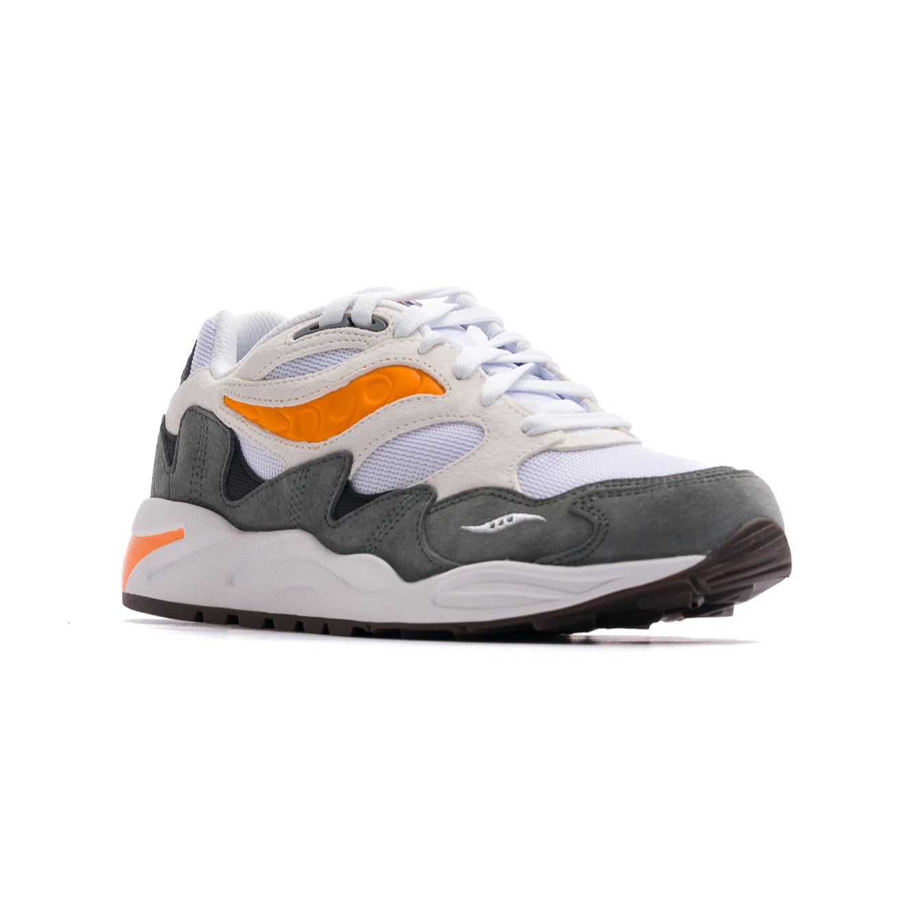 white and grey men's saucony grid shadow comfort shoe with orange details