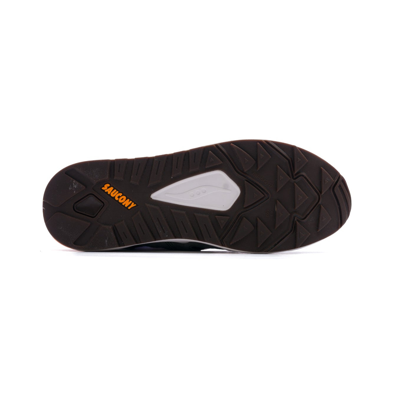 white and grey men's saucony grid shadow comfort shoe with orange details