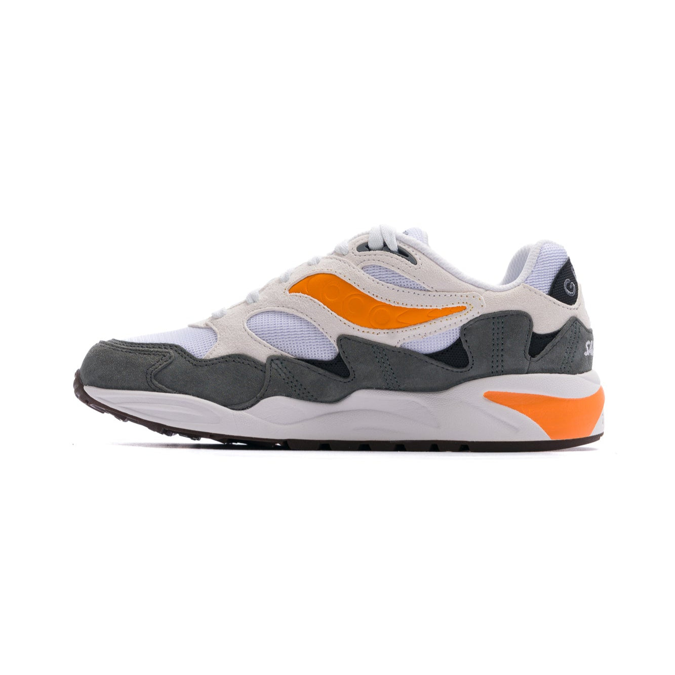 white and grey men's saucony grid shadow comfort shoe with orange details