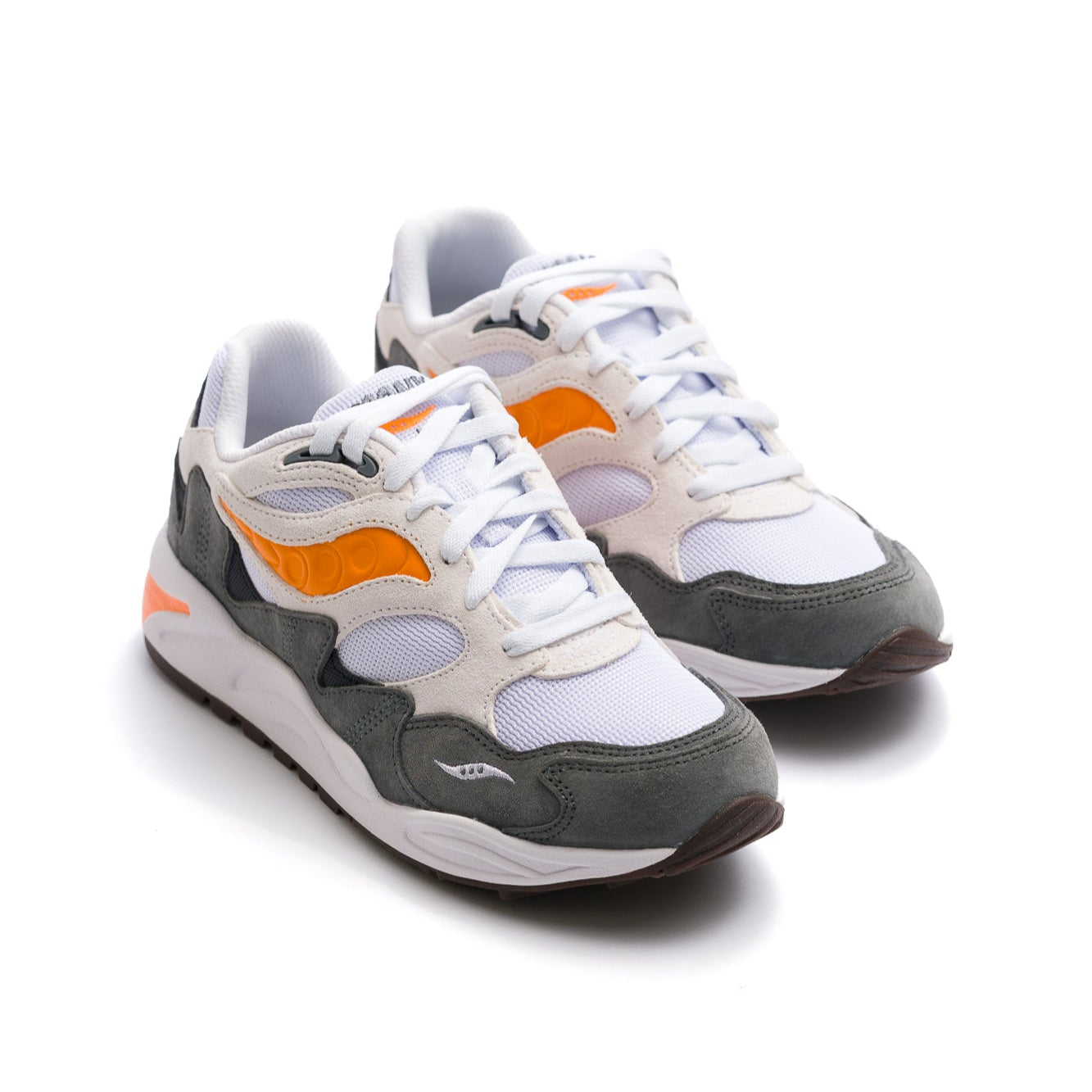 white and grey men's saucony grid shadow comfort shoe with orange details