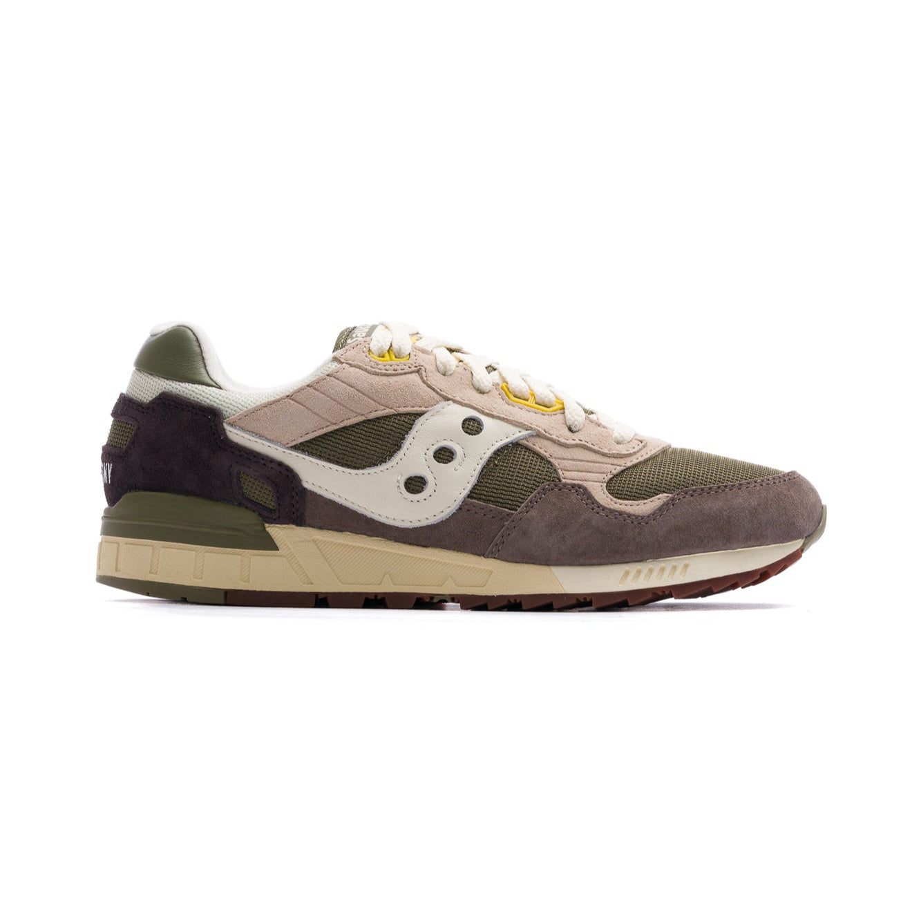grey and green men's saucony shadow 5000 comfort shoe with tan sole and yellow details
