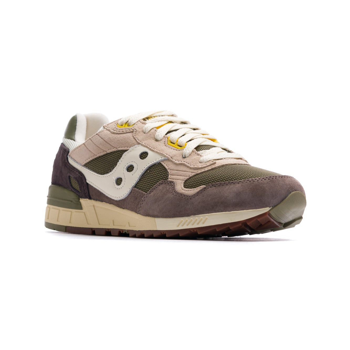 grey and green men's saucony shadow 5000 comfort shoe with tan sole and yellow details