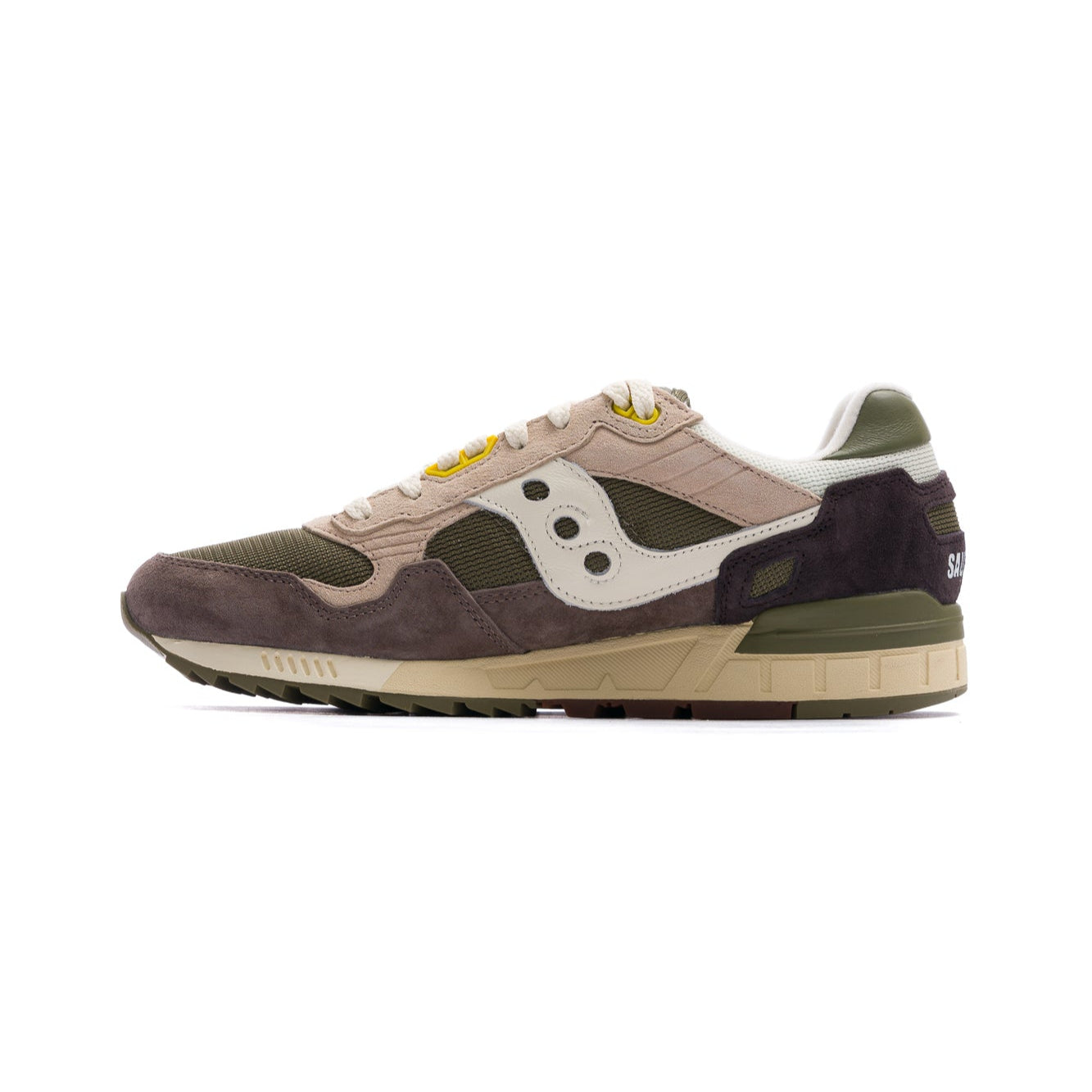 grey and green men's saucony shadow 5000 comfort shoe with tan sole and yellow details