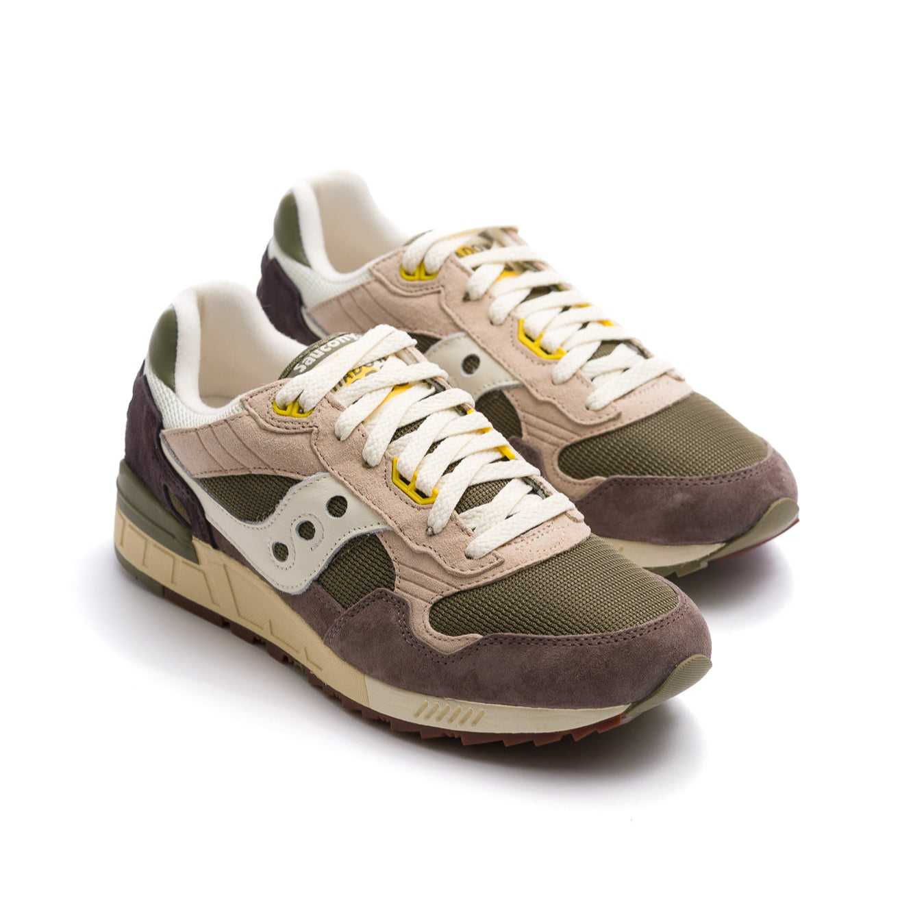 grey and green men's saucony shadow 5000 comfort shoe with tan sole and yellow details