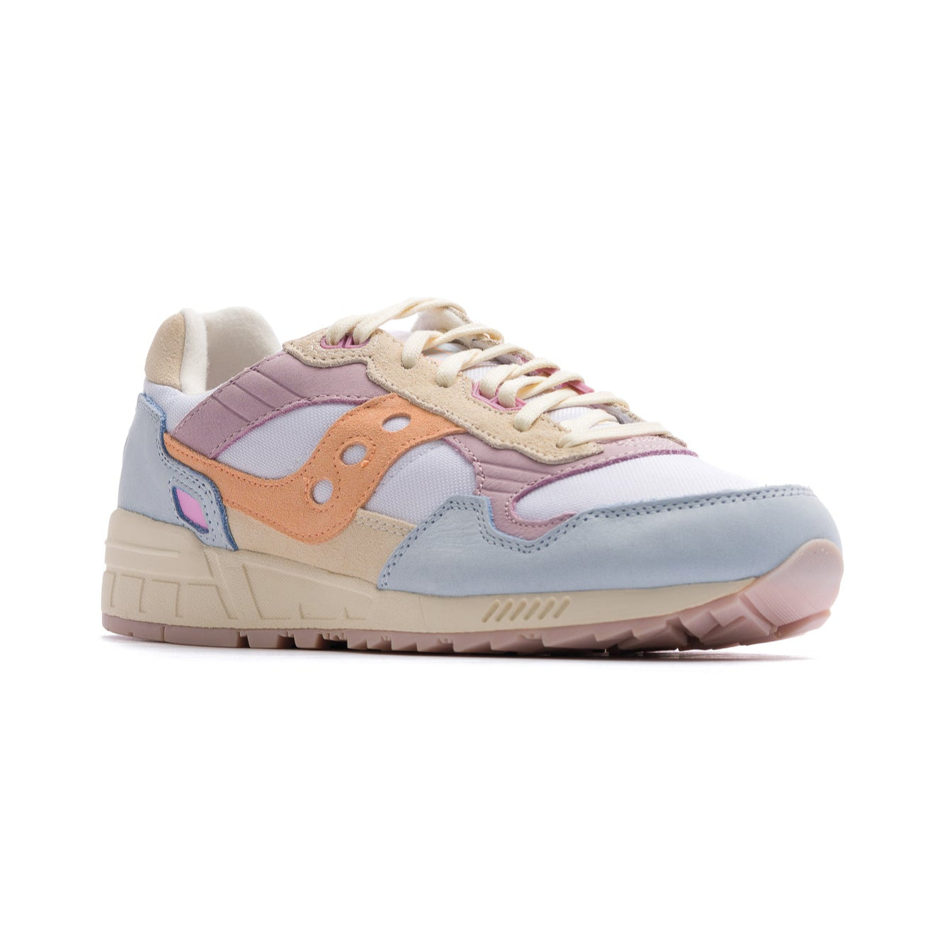 women's multi-colored shadow 5000 comfort shoe with blue orange and lilac features and tan sole