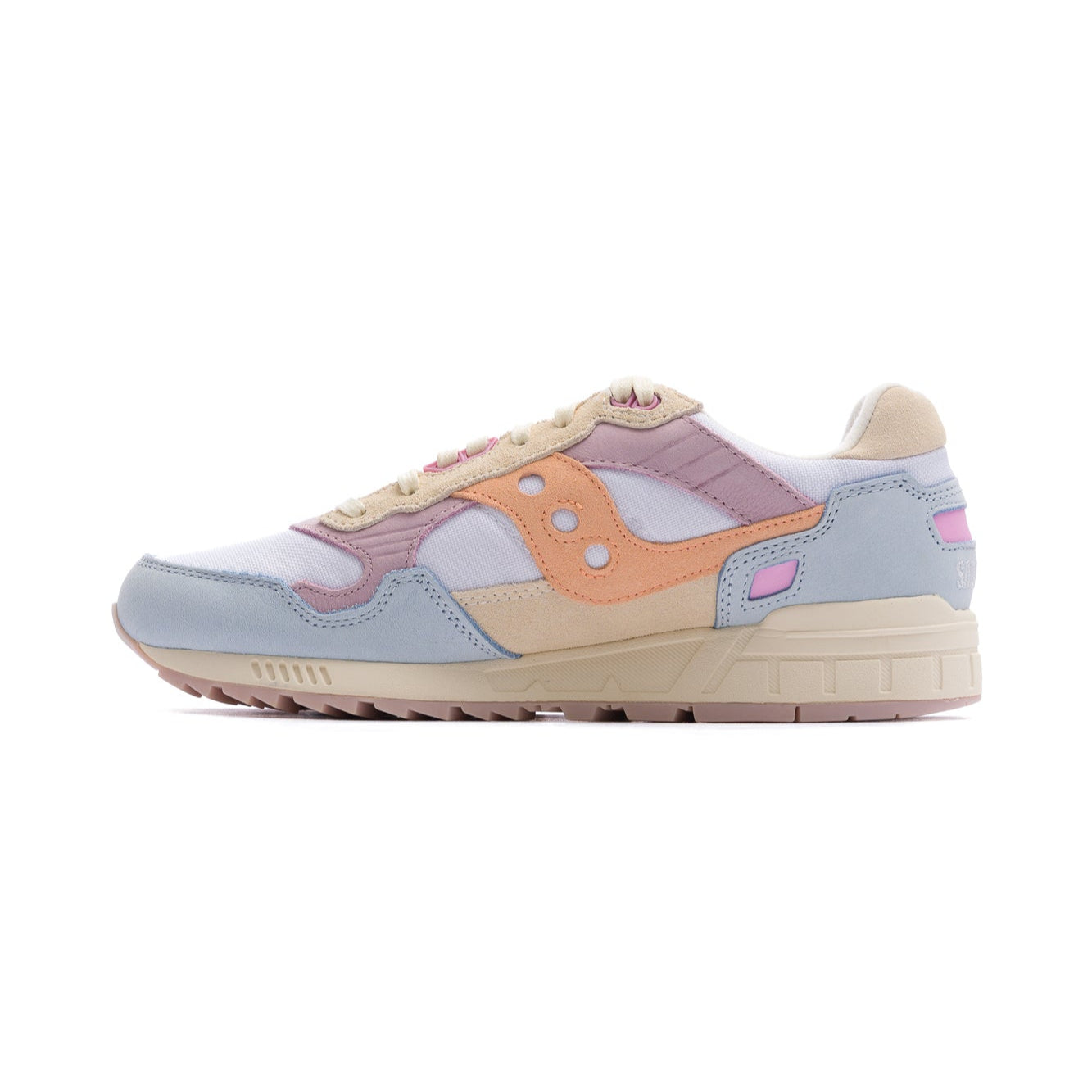 women's multi-colored shadow 5000 comfort shoe with blue orange and lilac features and tan sole