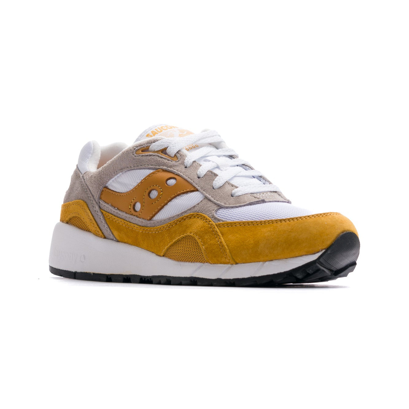 brown and white men's saucony shadow 6000 comfort shoe with white sole