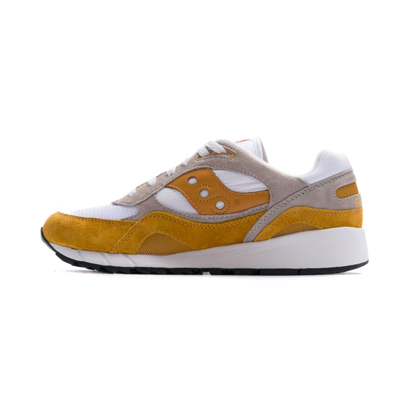 brown and white men's saucony shadow 6000 comfort shoe with white sole