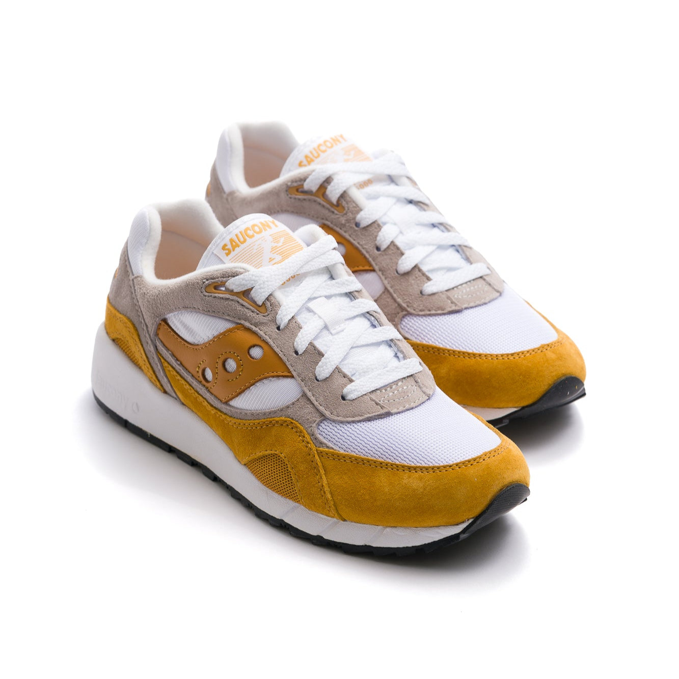 brown and white men's saucony shadow 6000 comfort shoe with white sole
