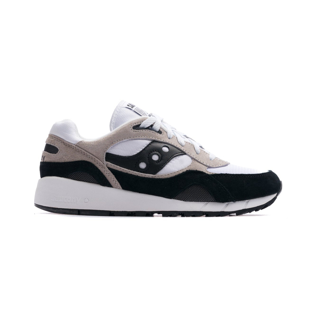men's black, grey and white saucony shadow 6000 comfort shoes with white sole