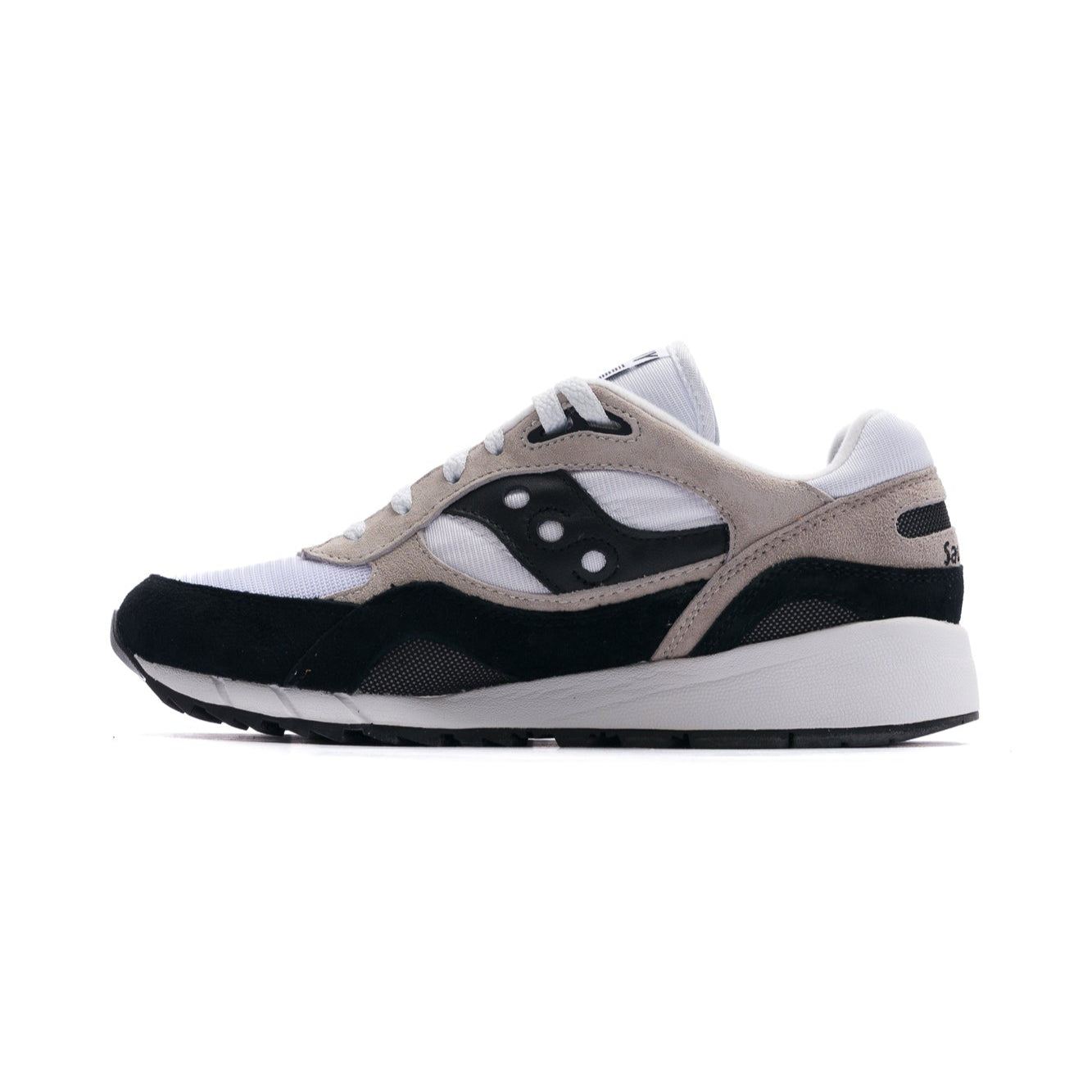 men's black, grey and white saucony shadow 6000 comfort shoes with white sole