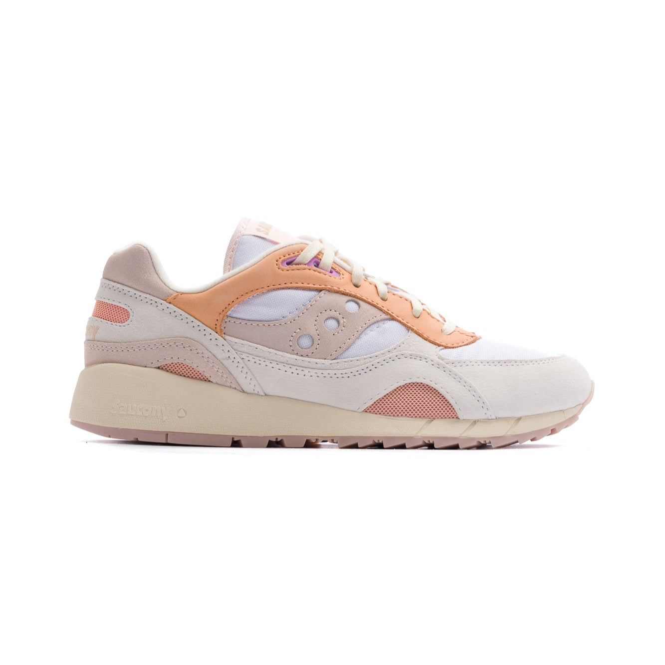 women's saucony shadow 6000 comfort shoe with white and tan upper with peach details