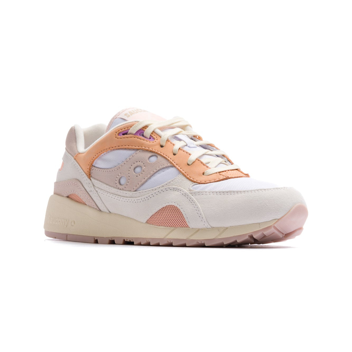 women's saucony shadow 6000 comfort shoe with white and tan upper with peach details