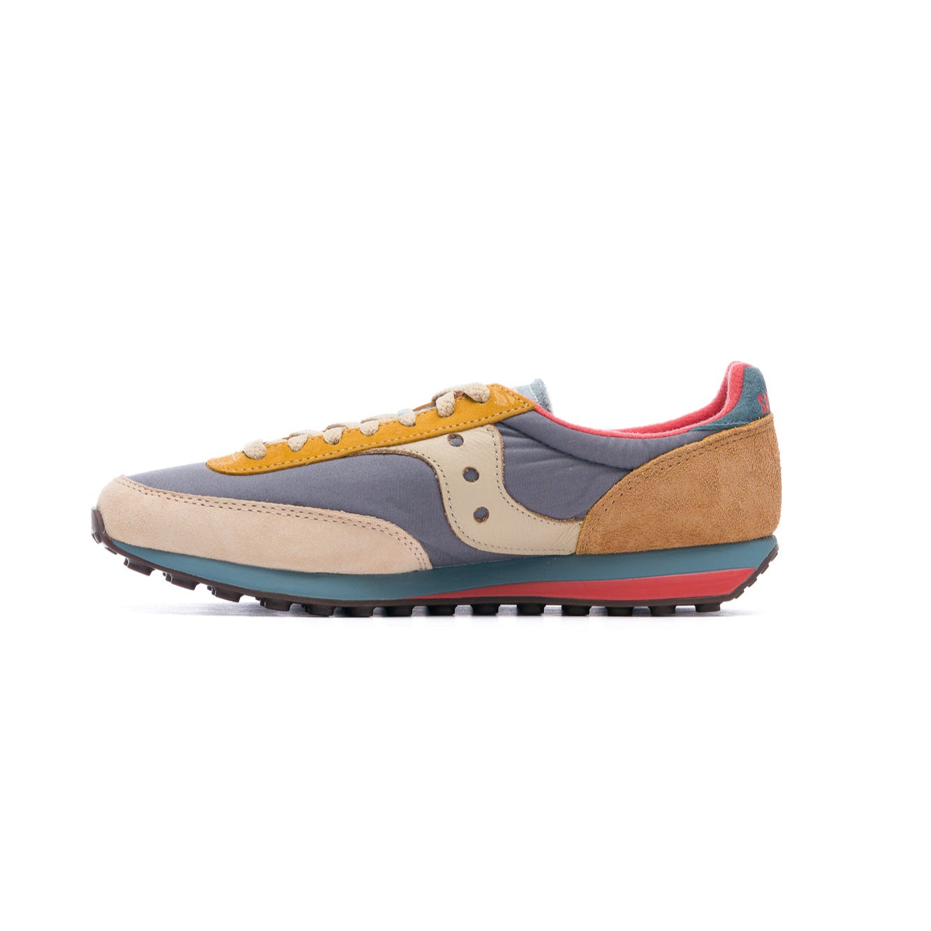 multicolored women's saucony trainer 80 with blue and red sole