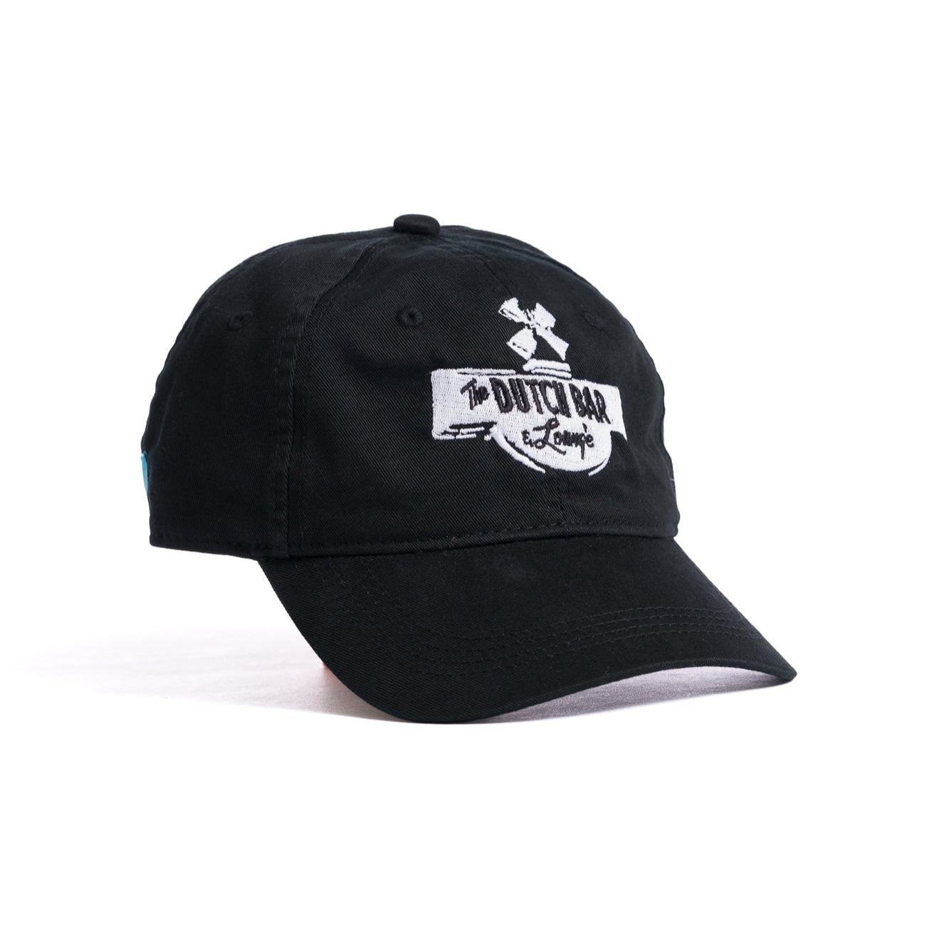 black embroidered dutch bar & lounge hat with white logo
