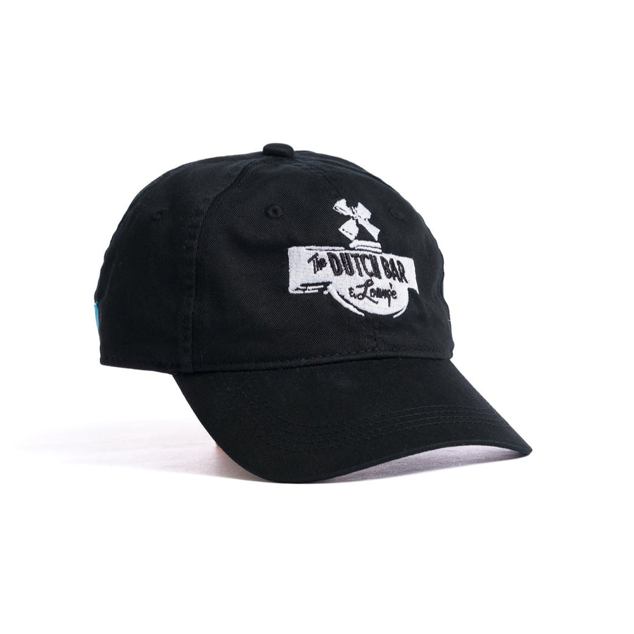 black embroidered dutch bar & lounge hat with white logo