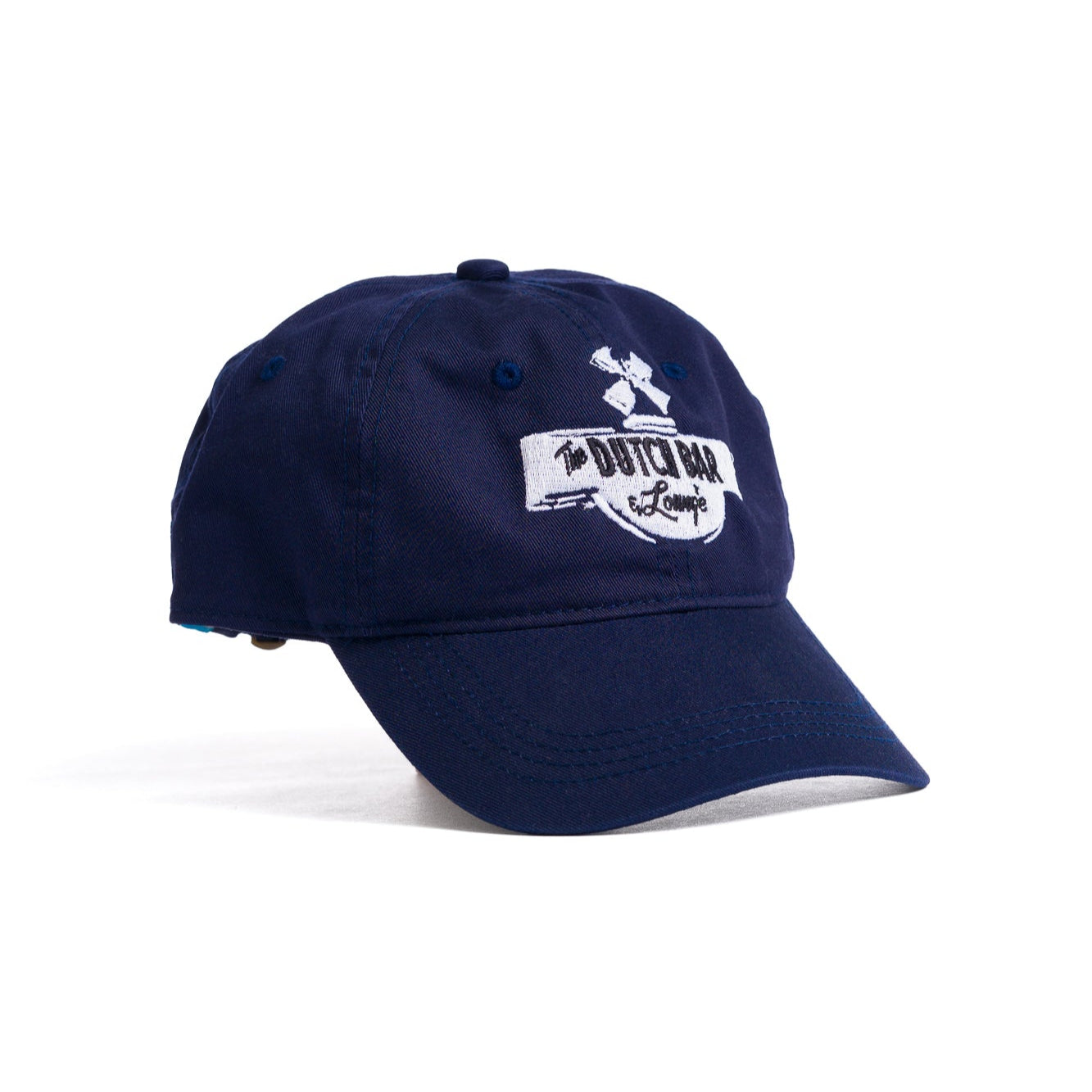 navy blue embroidered dutch bar & lounge hat with white logo