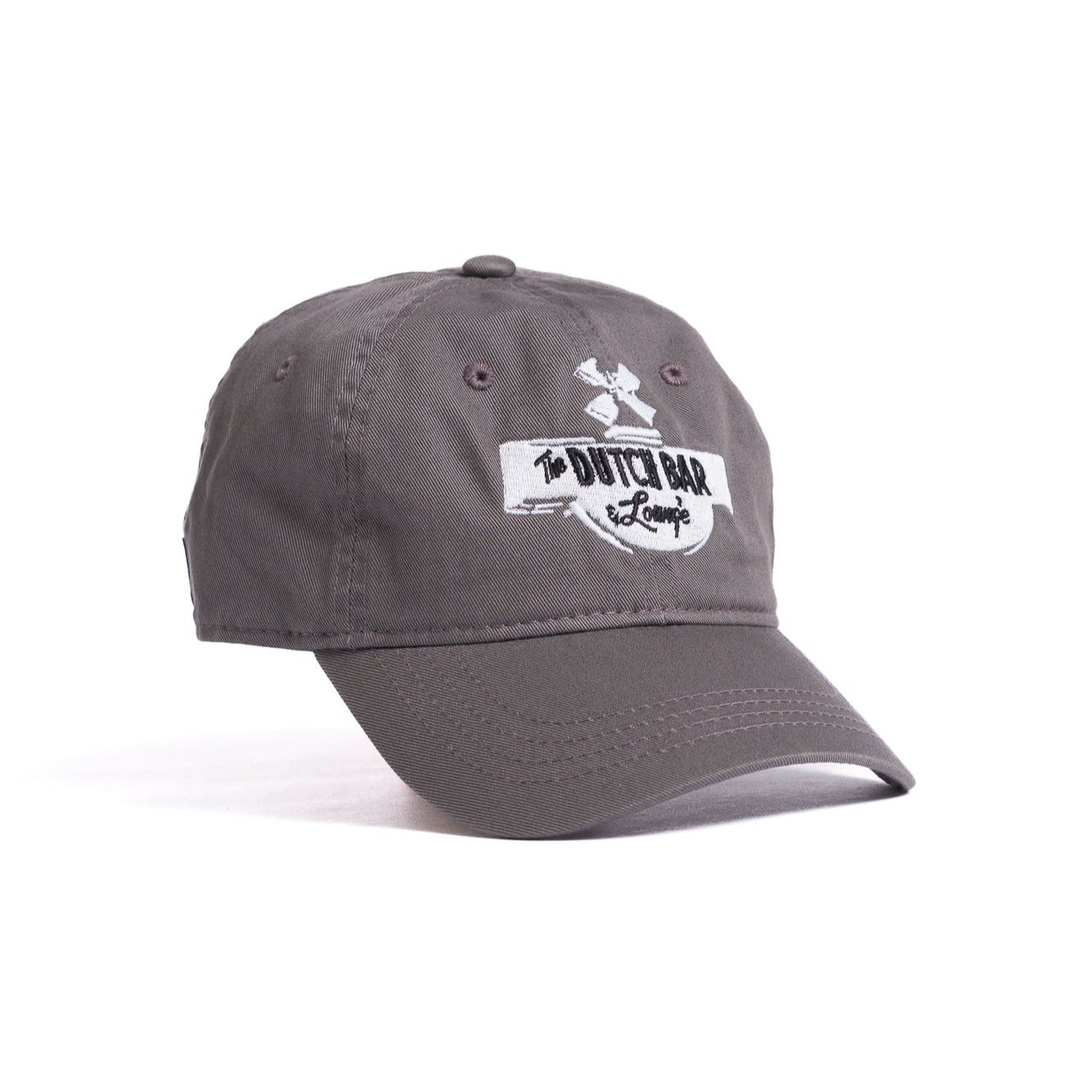 grey embroidered dutch bar & lounge hat with white logo