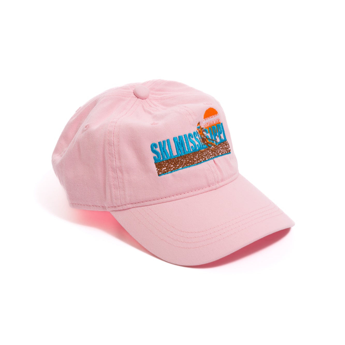 light pink hat with light blue ski mississippi embroidered logo