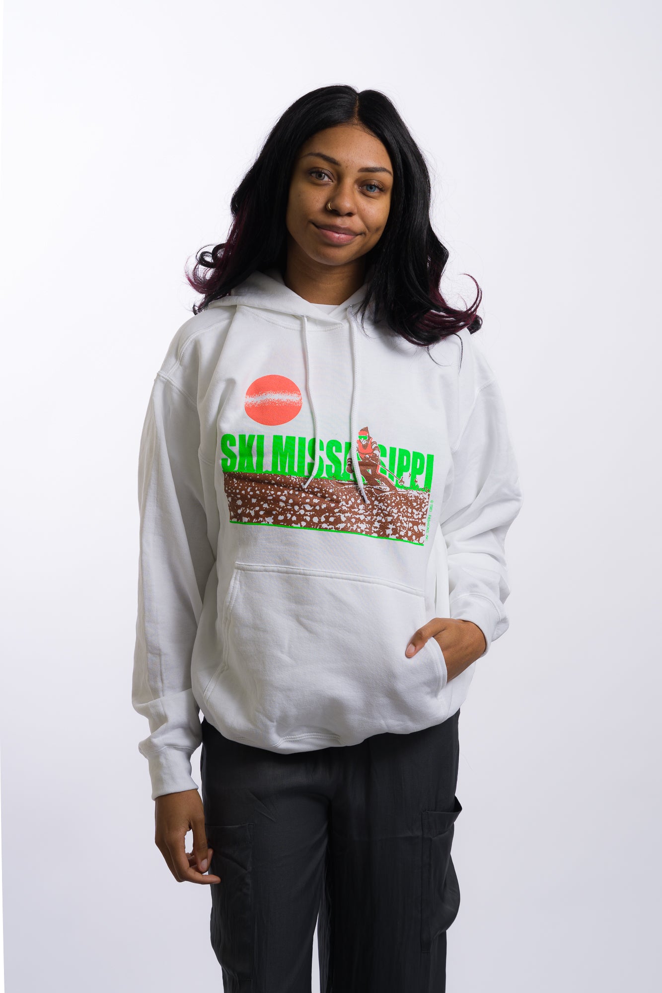 white hooded sweatshirt with lime green ski mississippi on the front