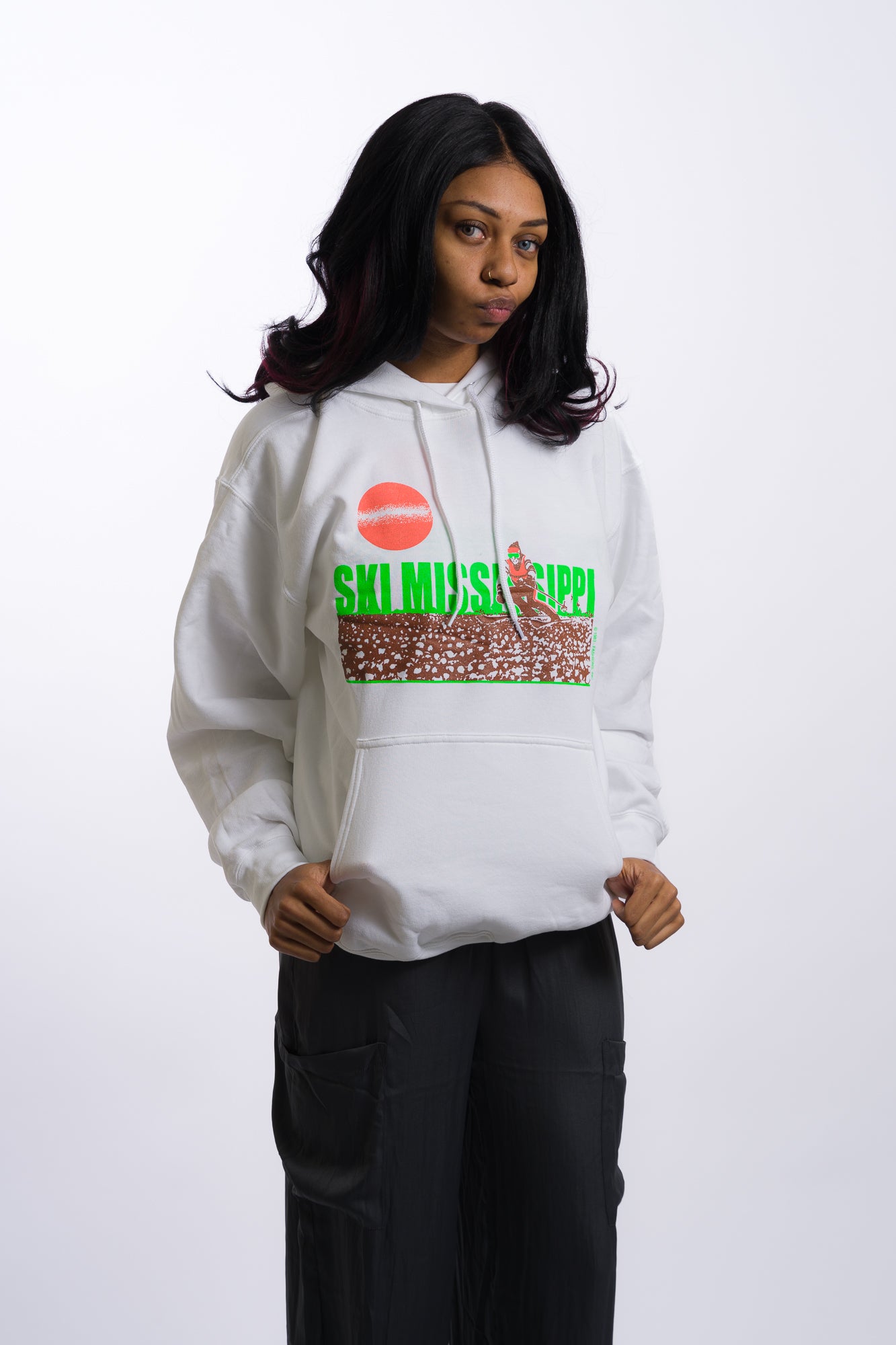 white hooded sweatshirt with lime green ski mississippi on the front