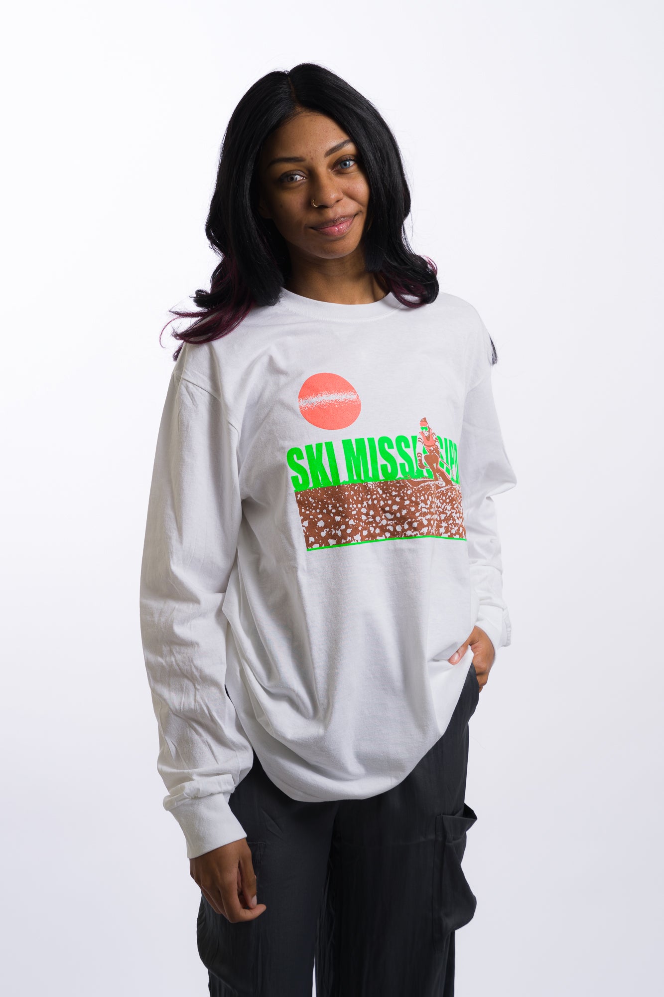 white long sleeve tee shirt with lime green ski mississippi on the front