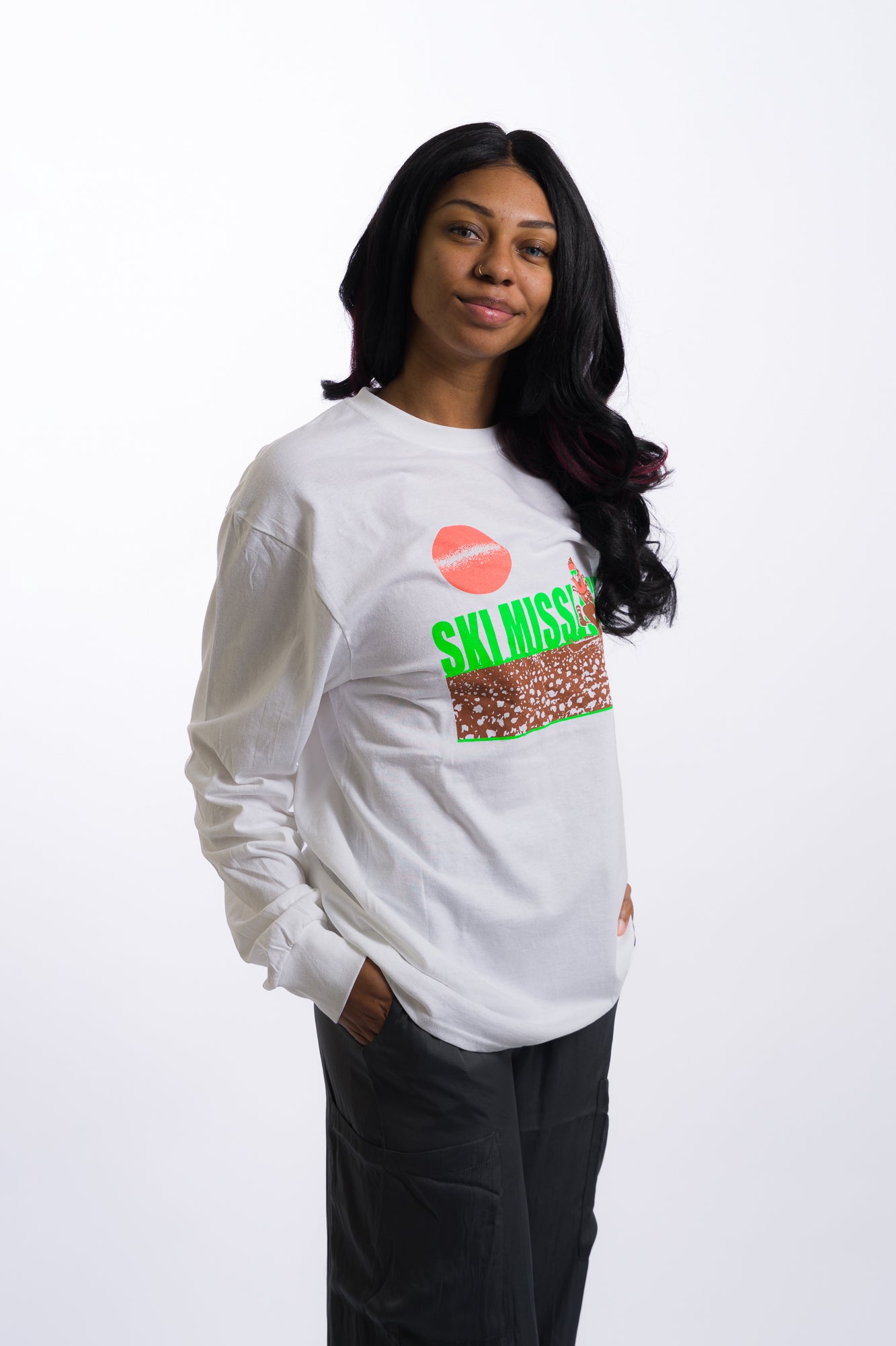 white long sleeve tee shirt with lime green ski mississippi on the front