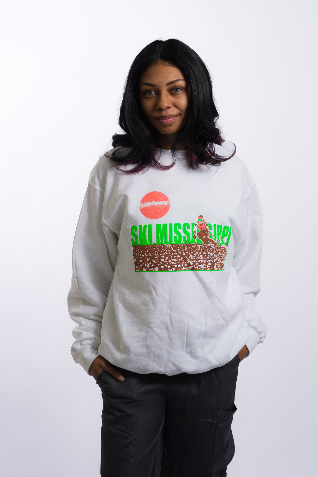 white crew neck sweatshirt with lime green ski mississippi on the front