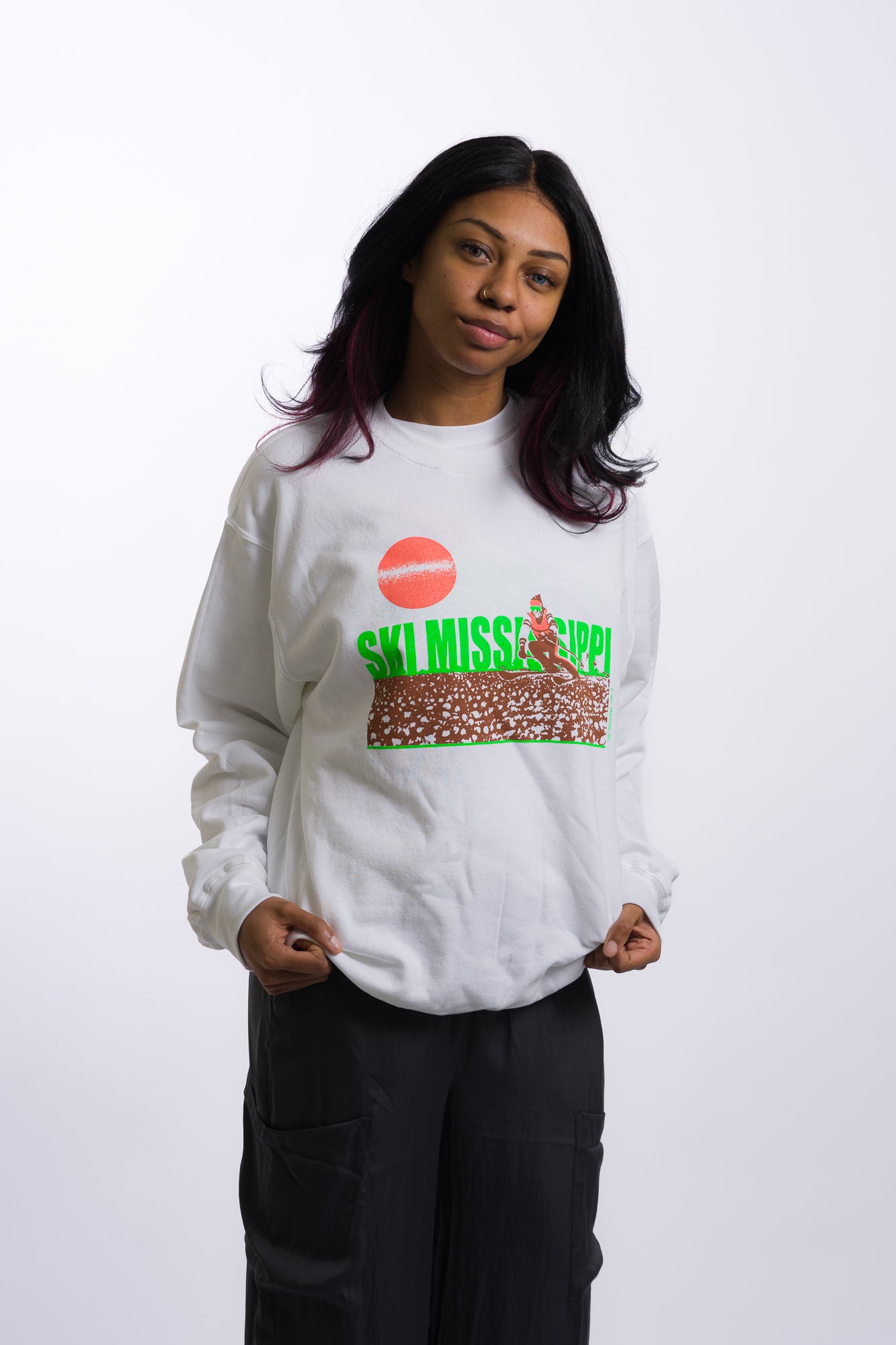 white crew neck sweatshirt with lime green ski mississippi on the front