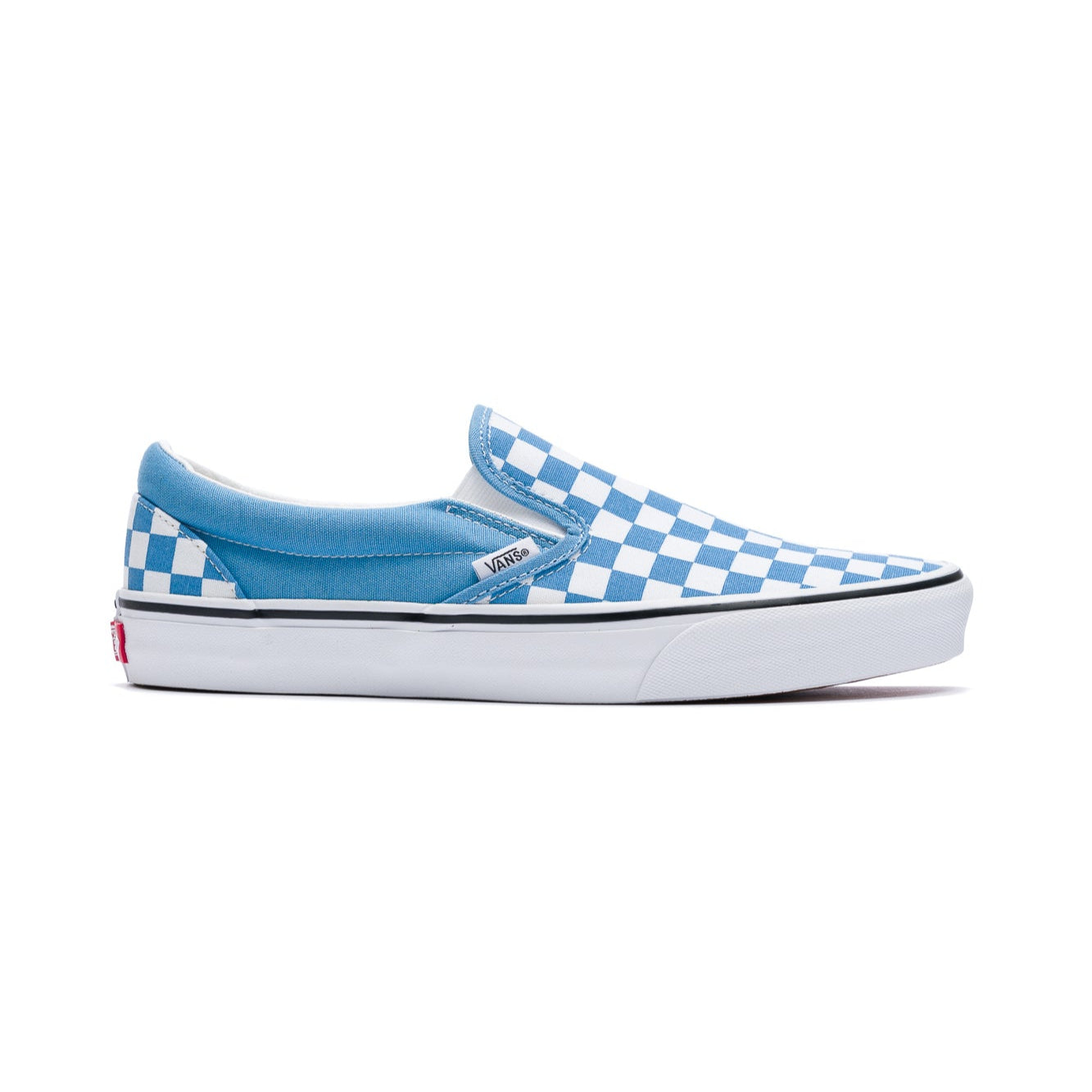blue & white checkerboard slip-on vans with white sole