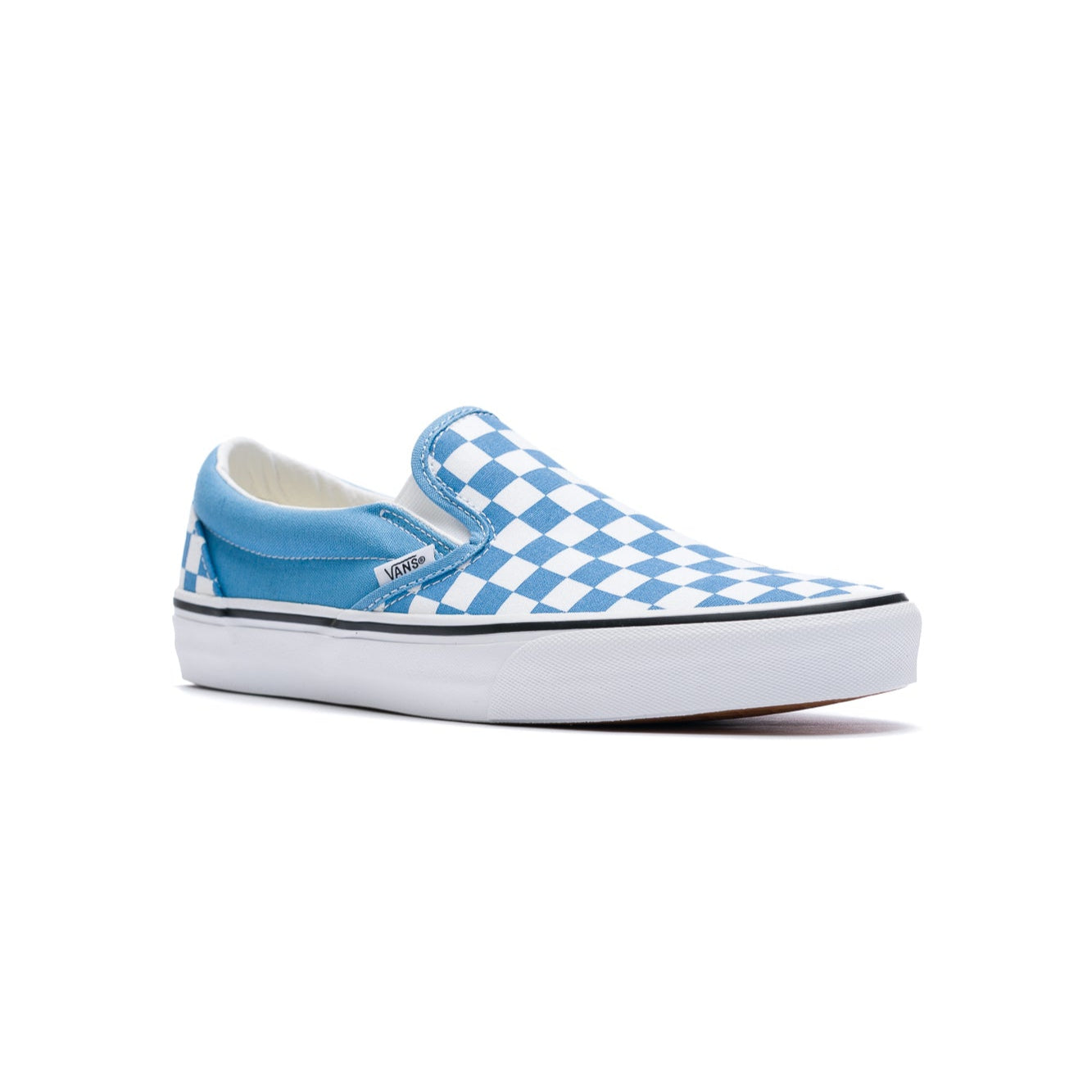 blue & white checkerboard slip-on vans with white sole