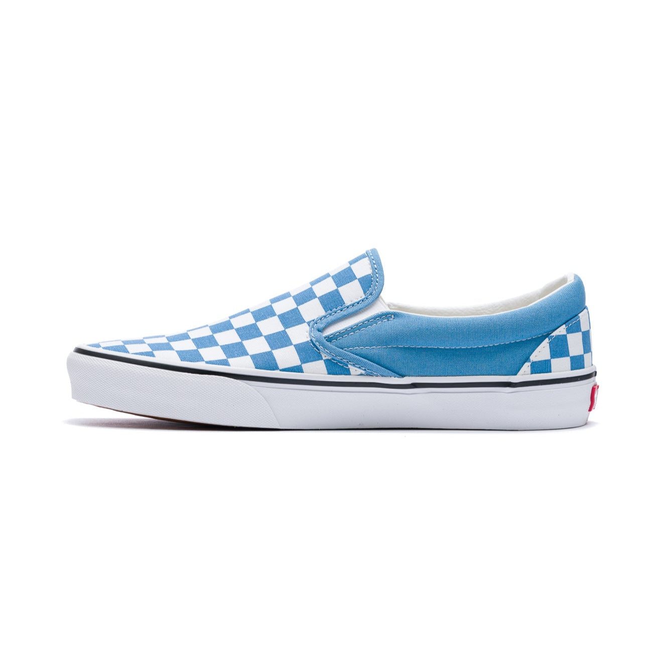 blue & white checkerboard slip-on vans with white sole