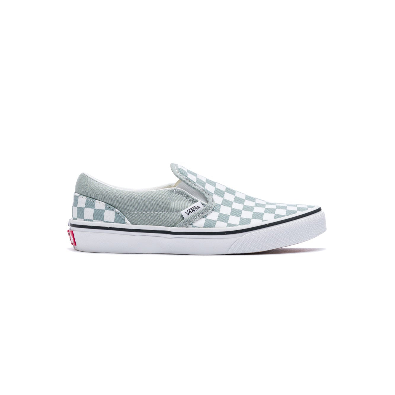grey and white checkerboard kids vans slip-on shoe with white sole