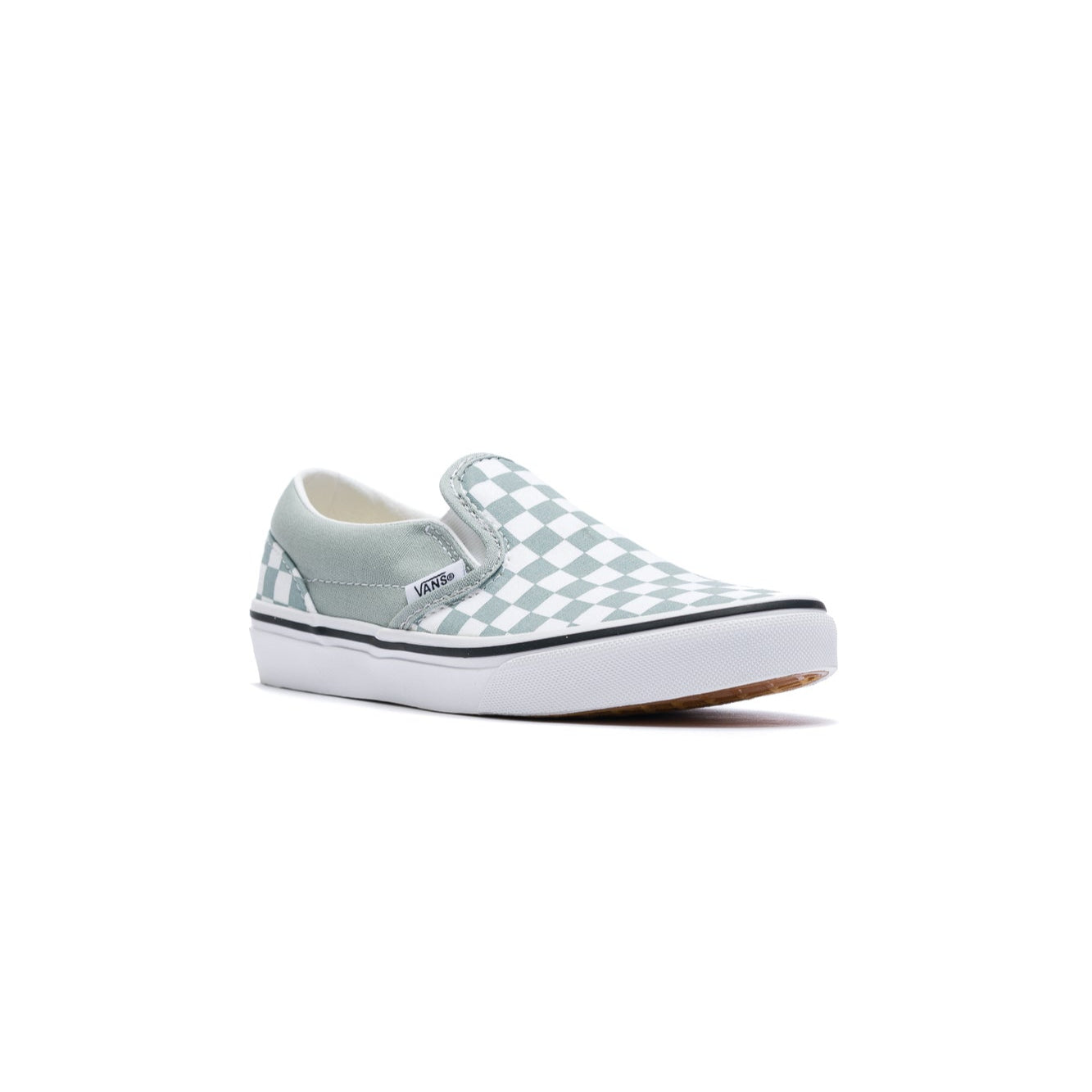 grey and white checkerboard kids vans slip-on shoe with white sole