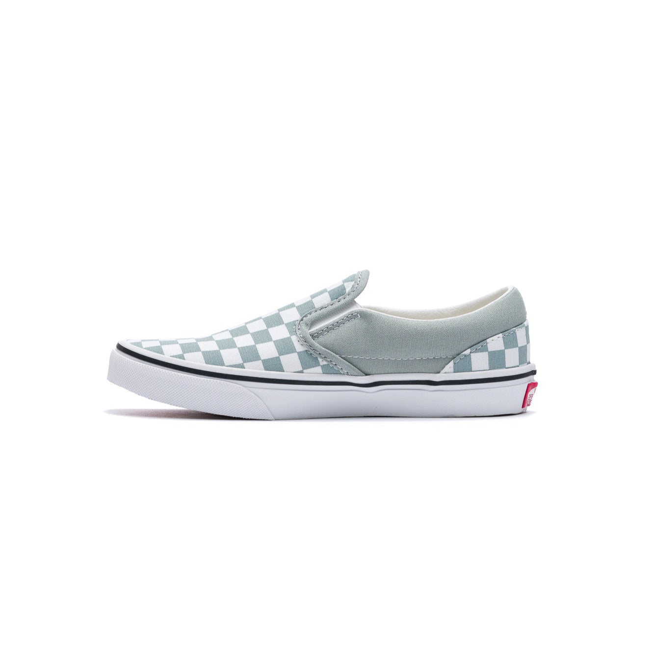 grey and white checkerboard kids vans slip-on shoe with white sole