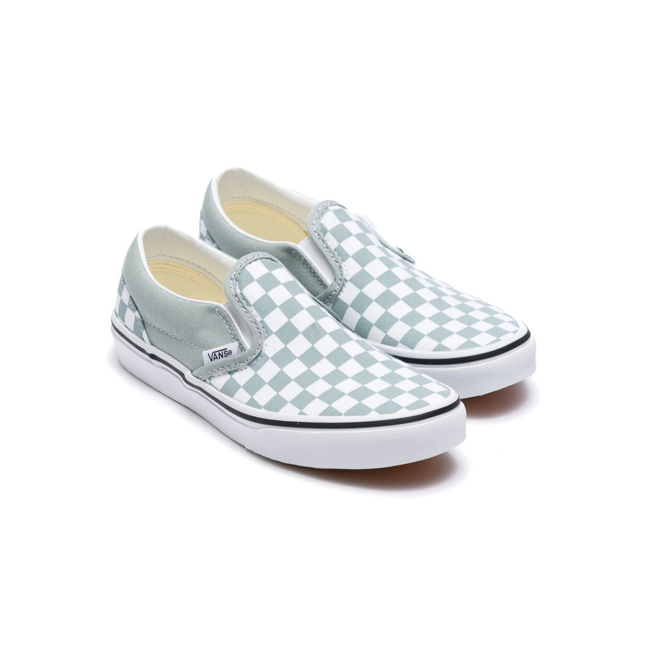 grey and white checkerboard kids vans slip-on shoe with white sole