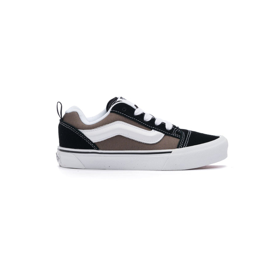 black and brown 2-tone vans kids knu skool with white stripe and sole on a white background