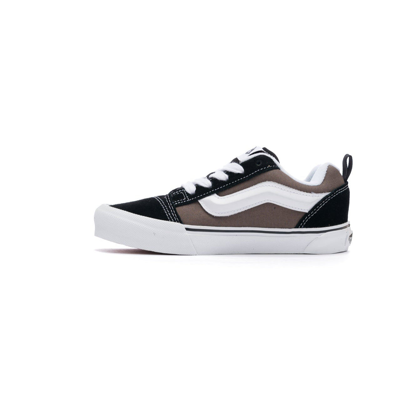 black and brown 2-tone vans kids knu skool with white stripe and sole on a white background