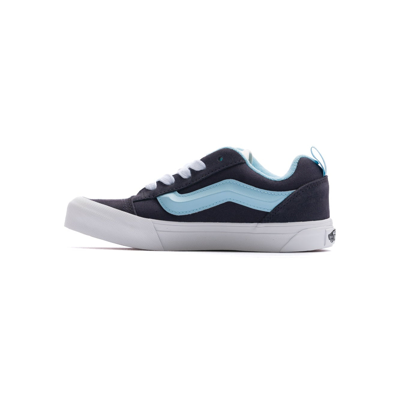 kids dark grey vans knu skool with blue side stripe and white sole