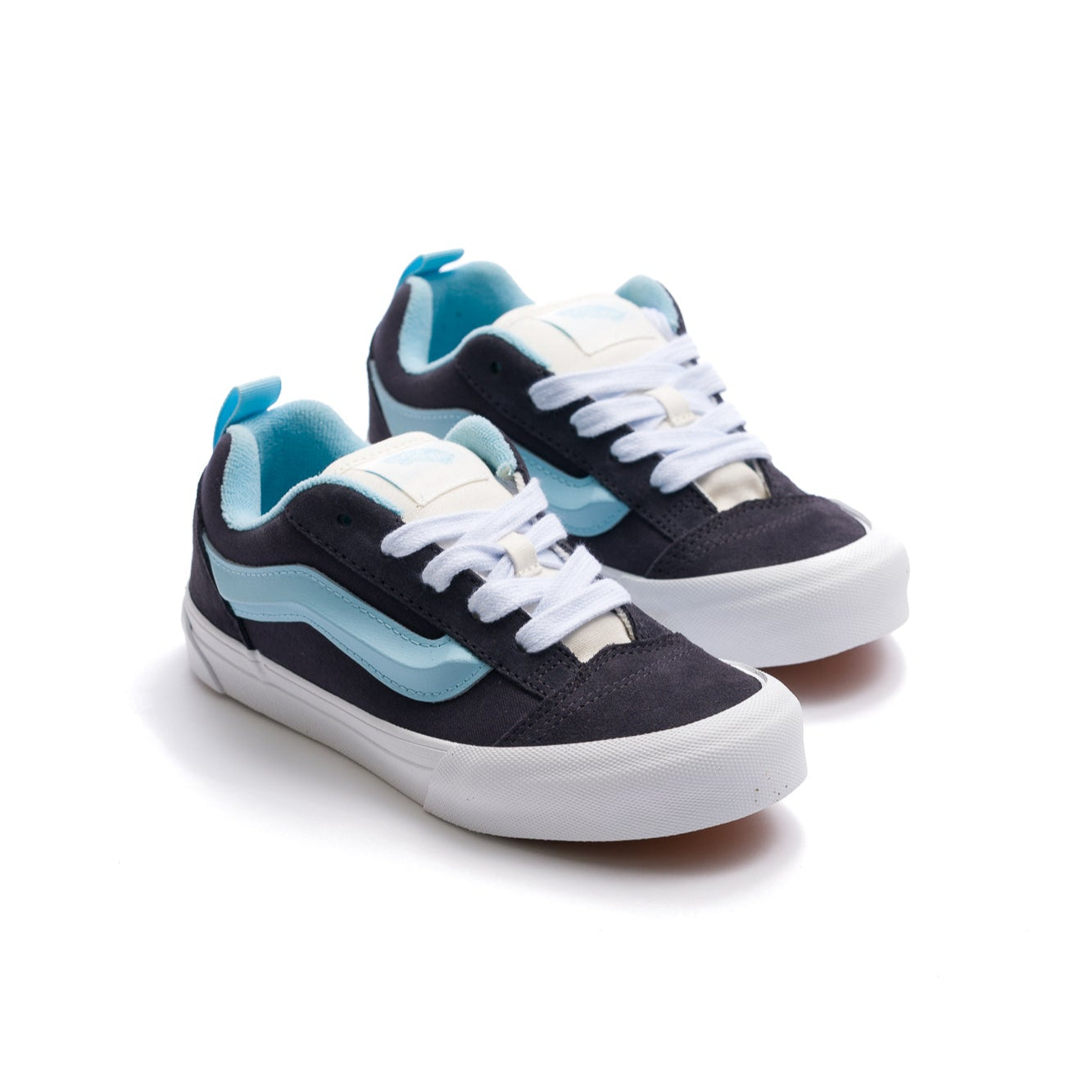 kids dark grey vans knu skool with blue side stripe and white sole
