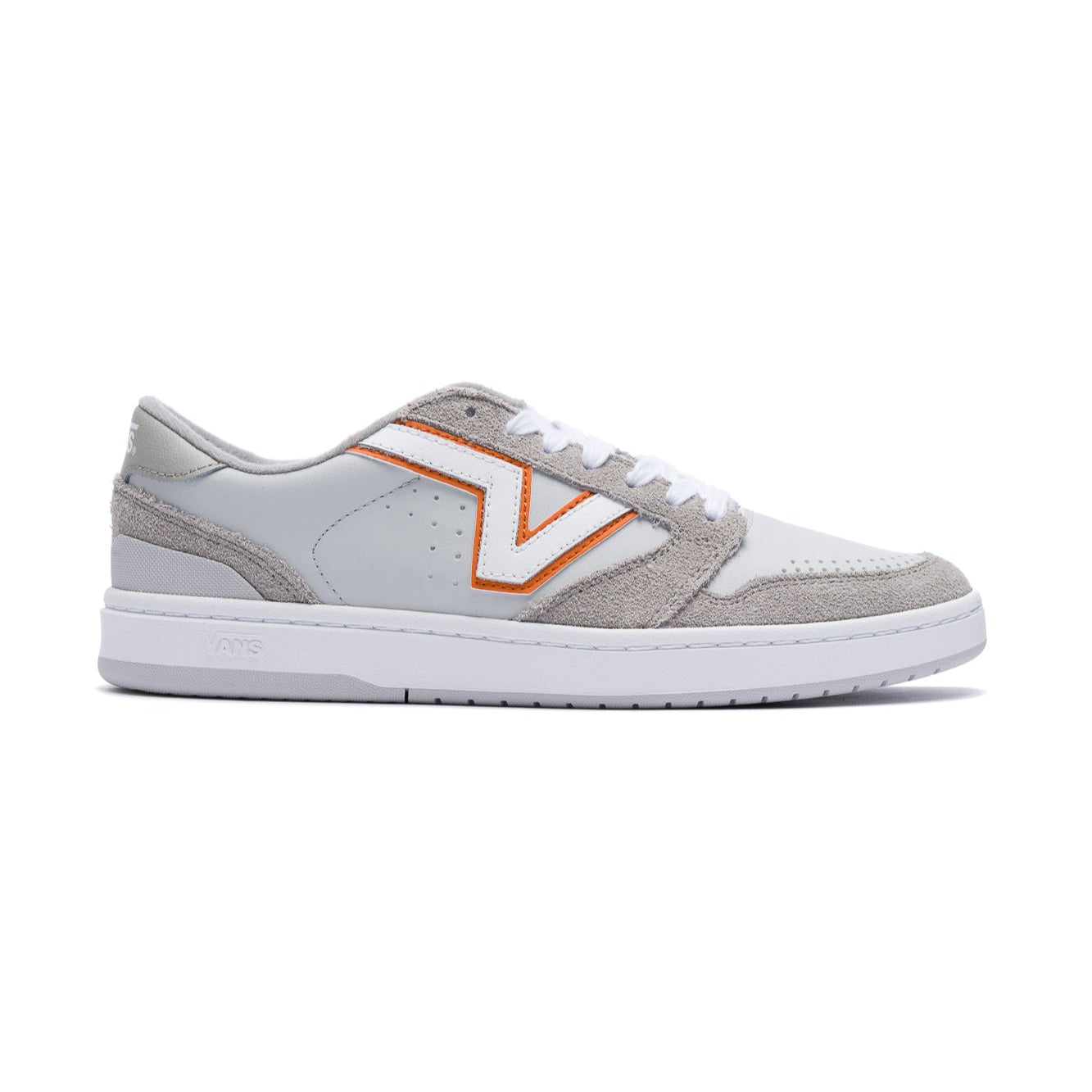 grey vans lowland men's shoe with white and orange v logo with white sole