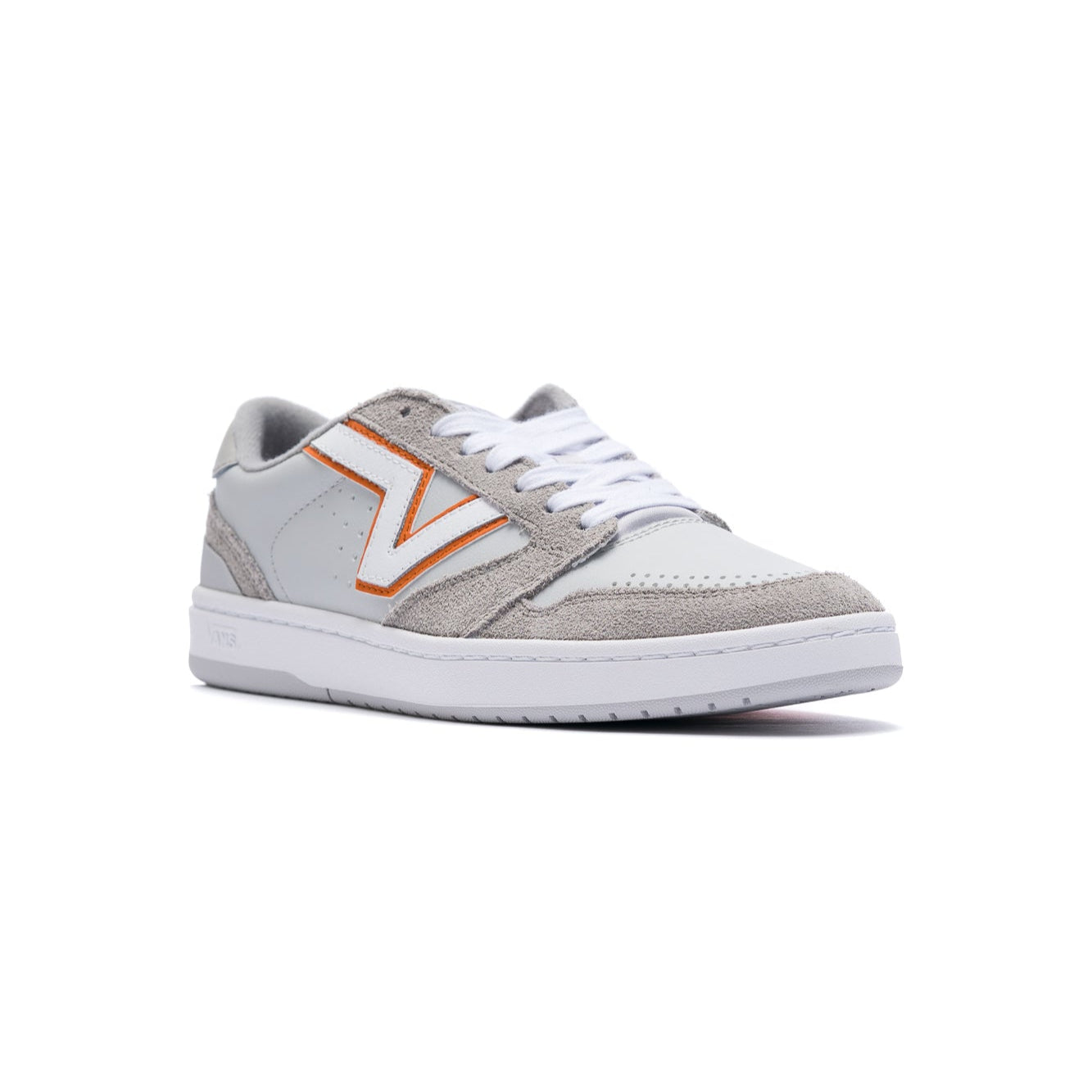 grey vans lowland men's shoe with white and orange v logo with white sole