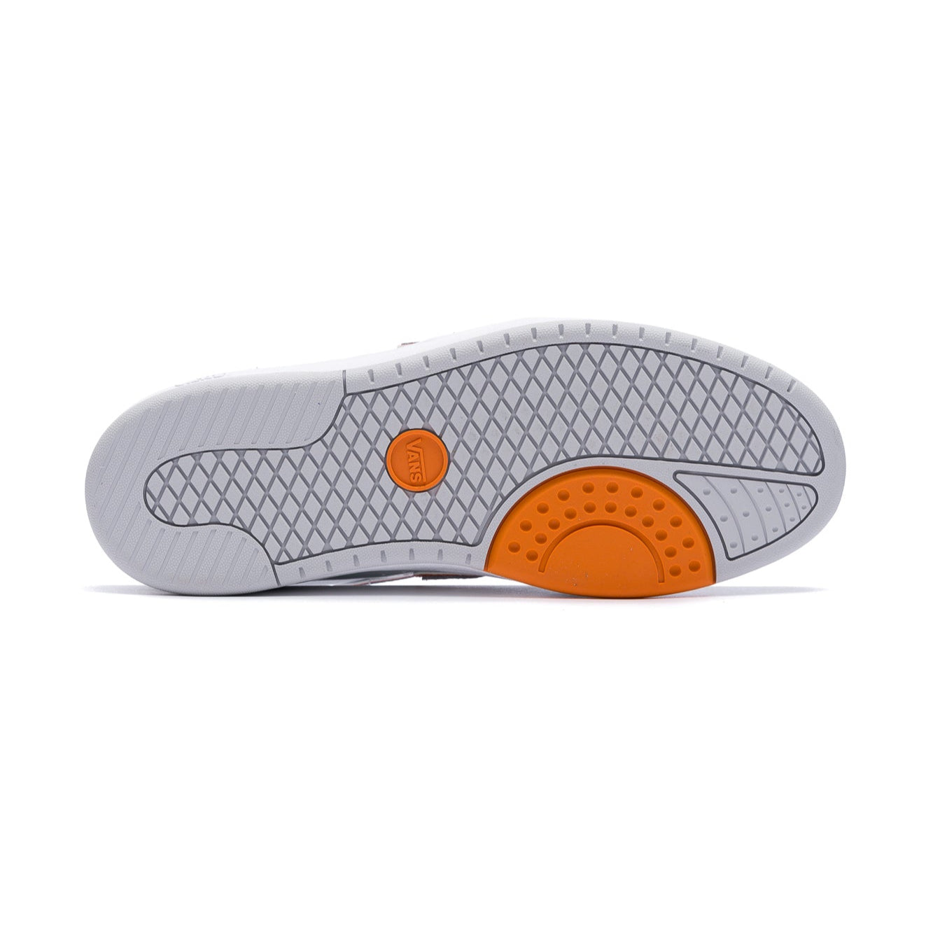 grey vans lowland men's shoe with white and orange v logo with white sole