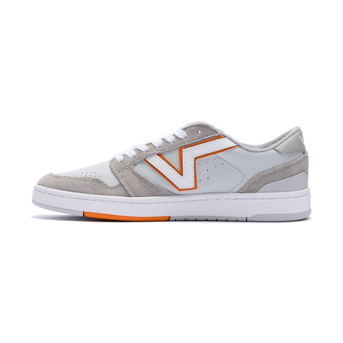 grey vans lowland men's shoe with white and orange v logo with white sole